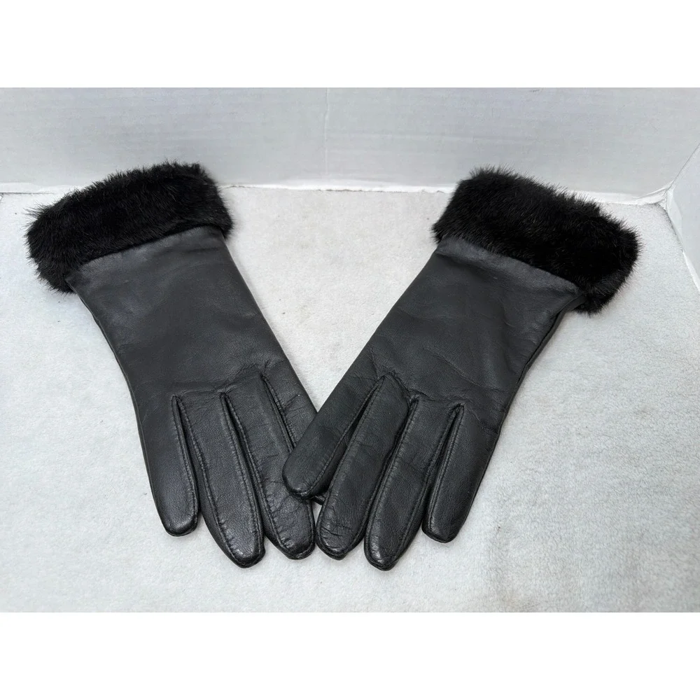 Charter Club Gloves Women Large Black Leather Faux Fur Trim Winter RN17541